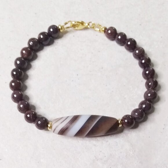 Stunning! Banded Agate & Brown Jasper Beaded Bracelet - 7" Wrist - Simply Chic! - Picture 2 of 7